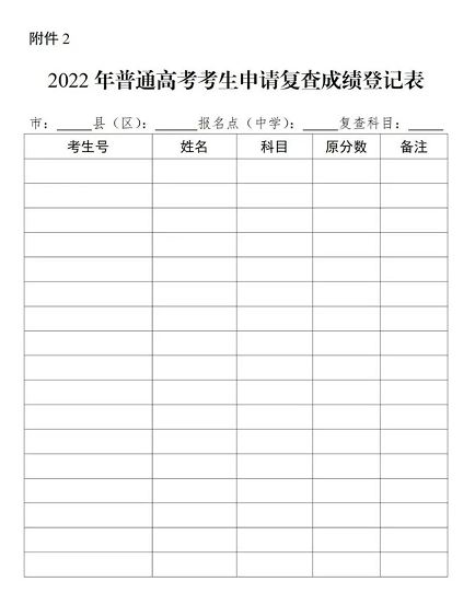 2022年普通高考考生申請復(fù)查成績登記表 2022年普通高考考生申請復(fù)查成績登記表